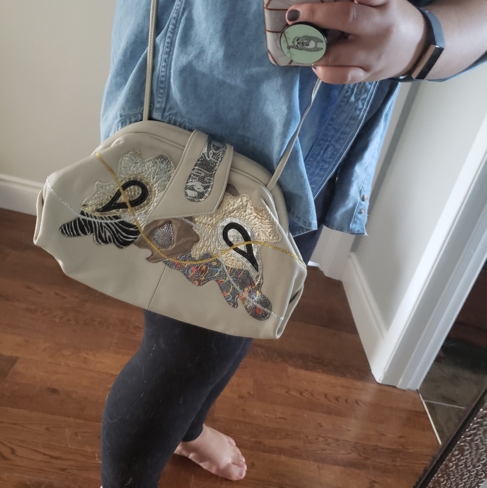 Cream Leather Metallic Crossbody Purse